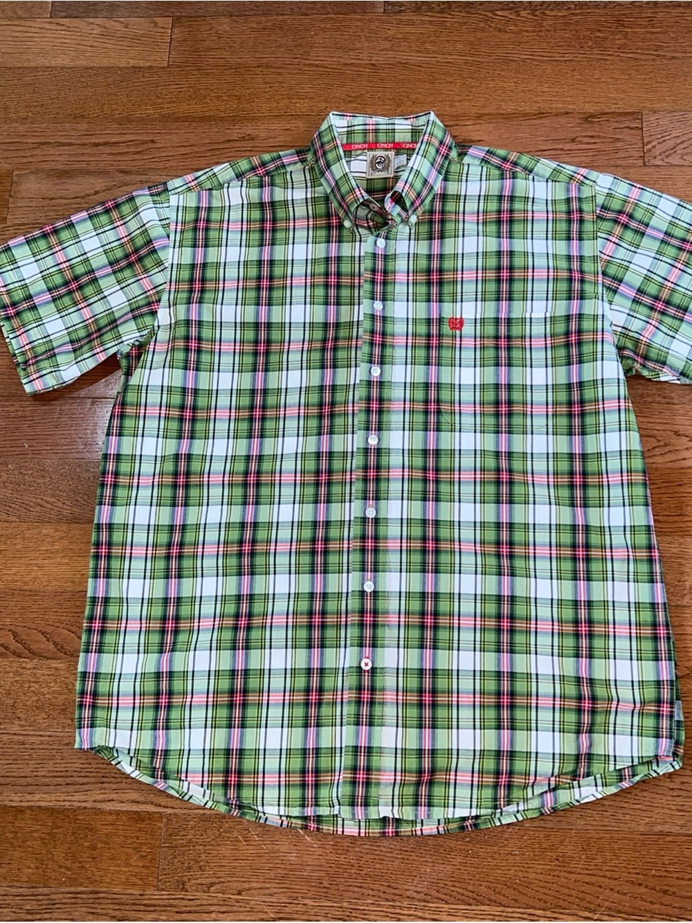 Cinch Mens Cotton Green/Red Plaid Short Sleeve Button Down Shirt Sz L Preppy